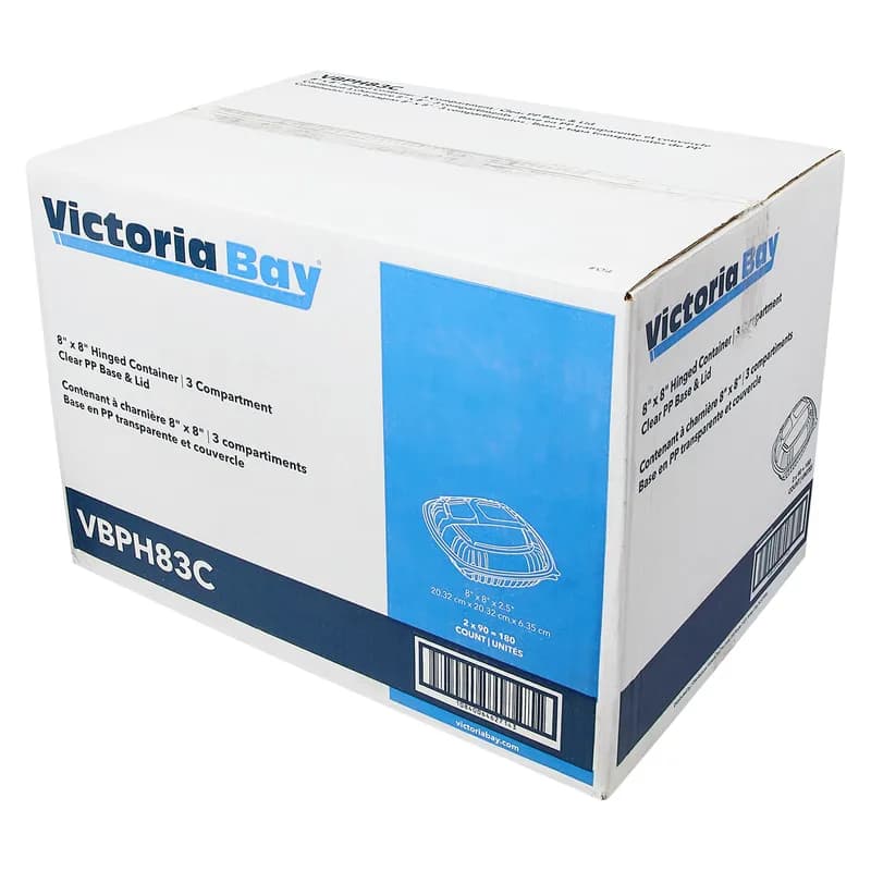 Victoria Bay Take-Out Container Hinged 8X8X2 IN 3 Compartment PP Clear Square 180/Case