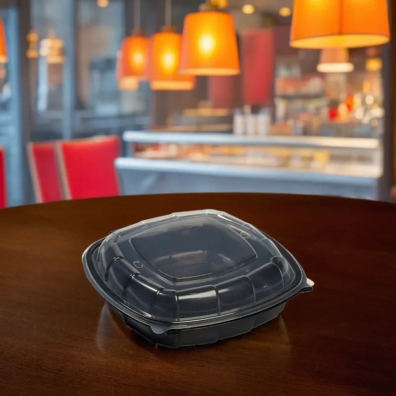 Victoria Bay Take-Out Container Hinged With High Dome Lid 9X9X3 IN PP Black Clear Square 112/Case