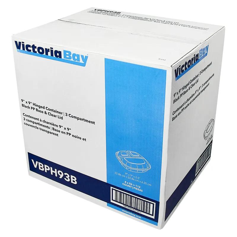 Victoria Bay Take-Out Container Hinged 9X9X2.5 IN 3 Compartment PP Black Clear Square 112/Case