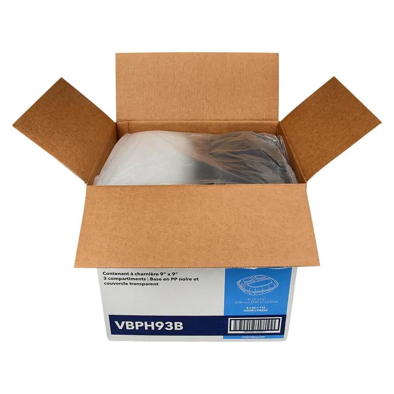 Victoria Bay Take-Out Container Hinged 9X9X2.5 IN 3 Compartment PP Black Clear Square 112/Case