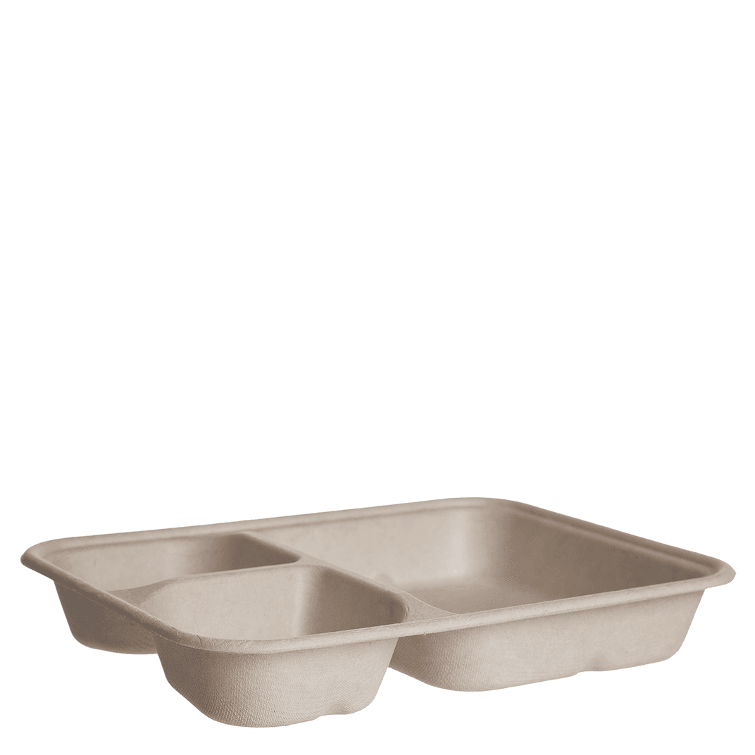 WorldView Take-Out Container Base 6X8 IN 3 Compartment Bamboo Sugarcane White Rectangle 400/Case
