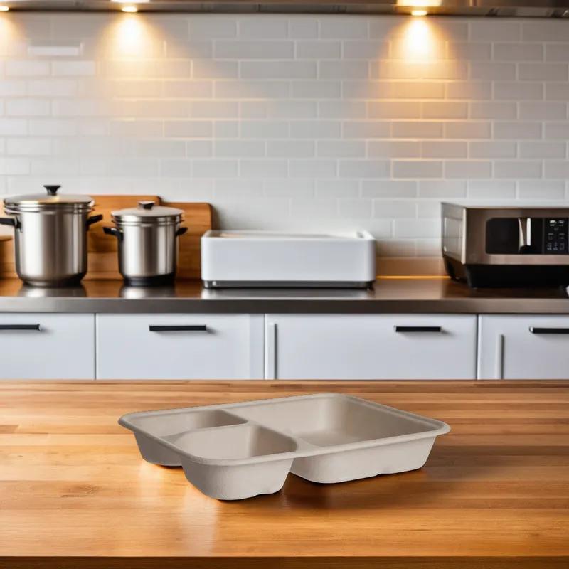 WorldView Take-Out Container Base 6X8 IN 3 Compartment Bamboo Sugarcane White Rectangle 400/Case