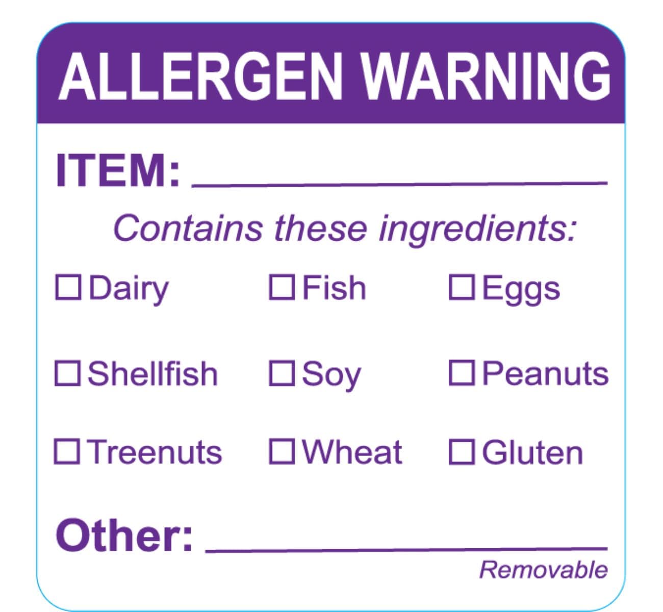 Allergen Warning Item Checkoff Expiration Allergen Label 2X2 IN Purple Removable 500 Count/Roll 25 Rolls/Case