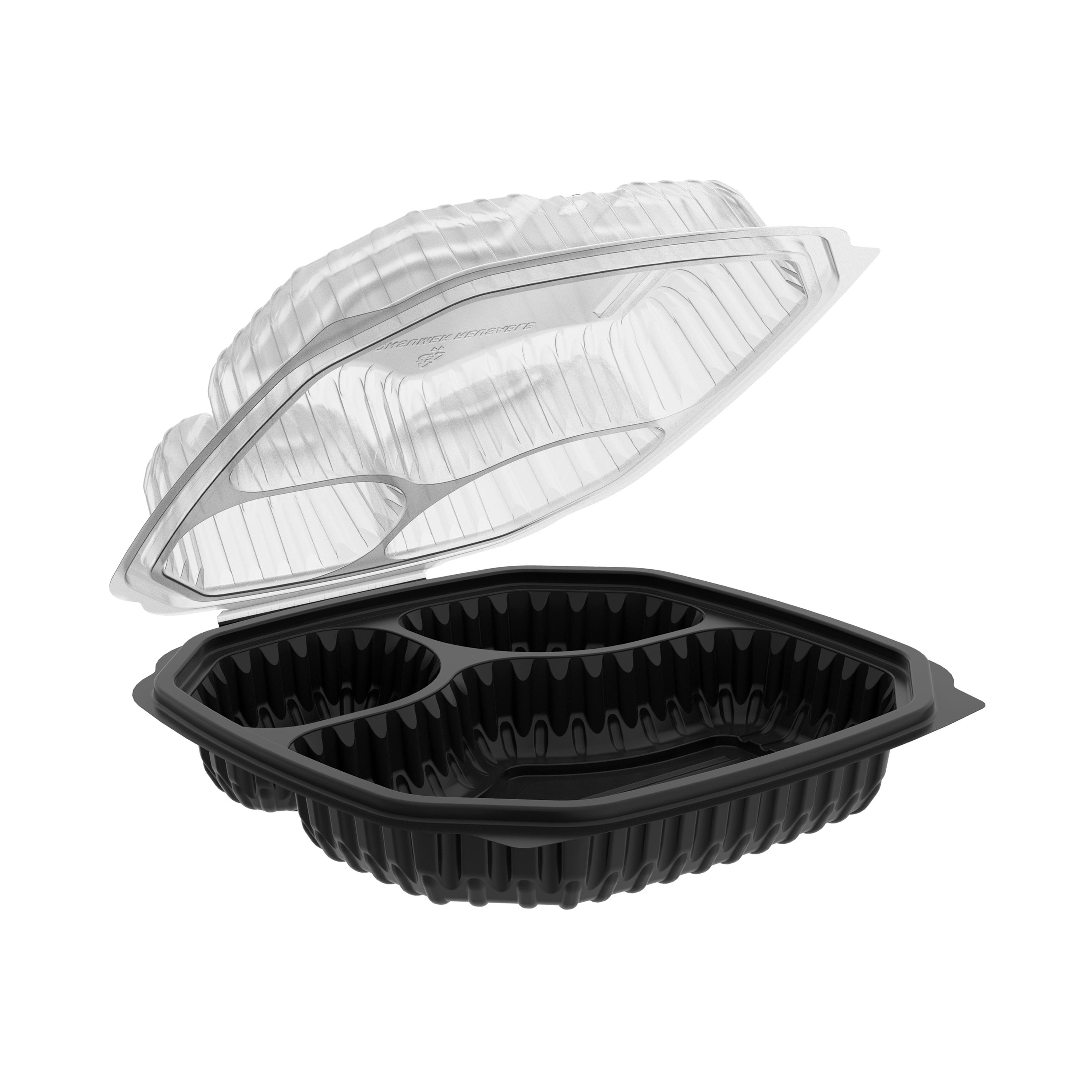 Culinary Lites Take-Out Container Hinged 9X9 IN 3 Compartment Black Tear-Away 120/Case