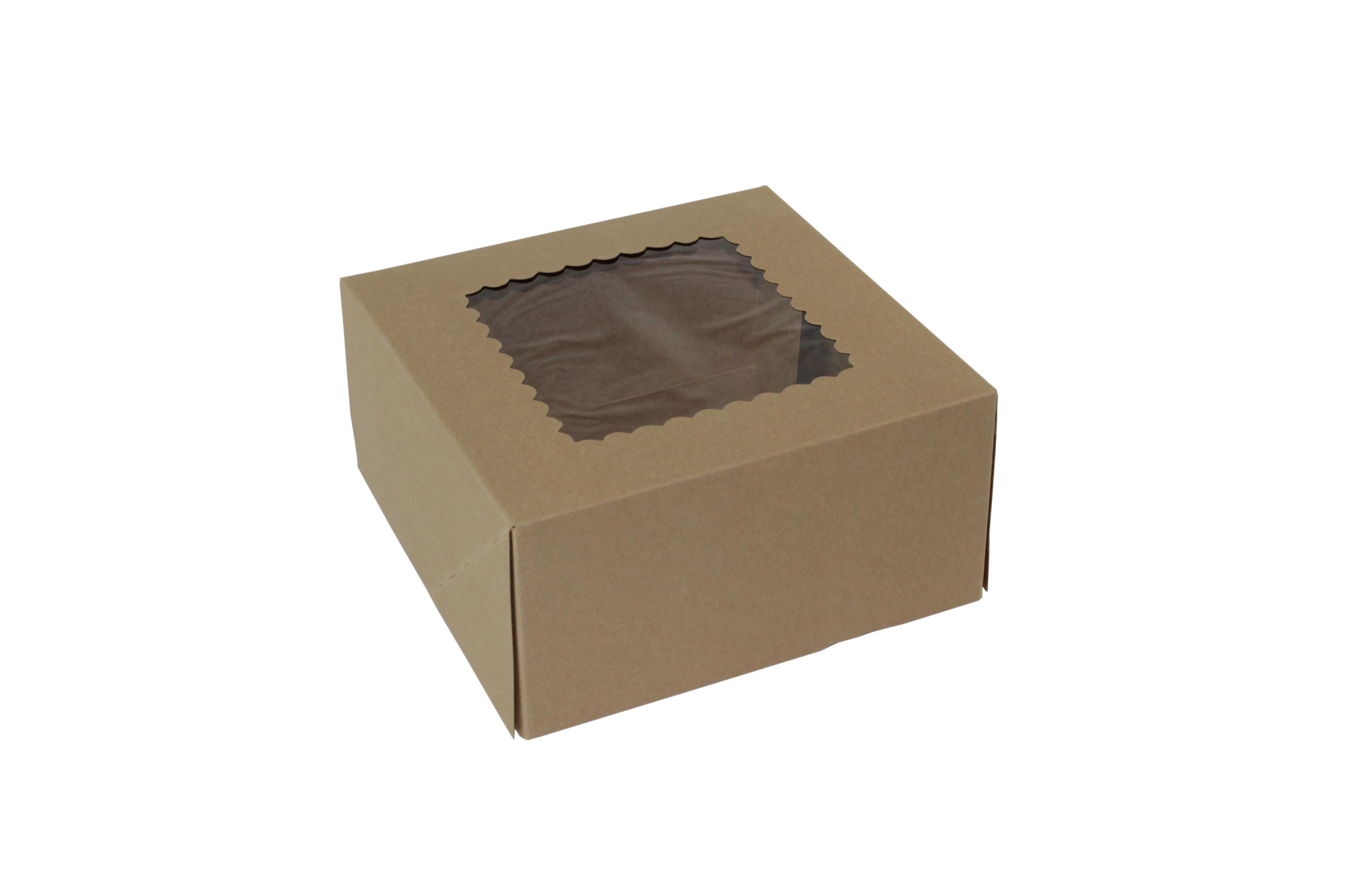 Bakery Box 8X8X4 IN Paperboard Kraft 4 Corner Front Load 1-Piece Automatic With Window 150/Case