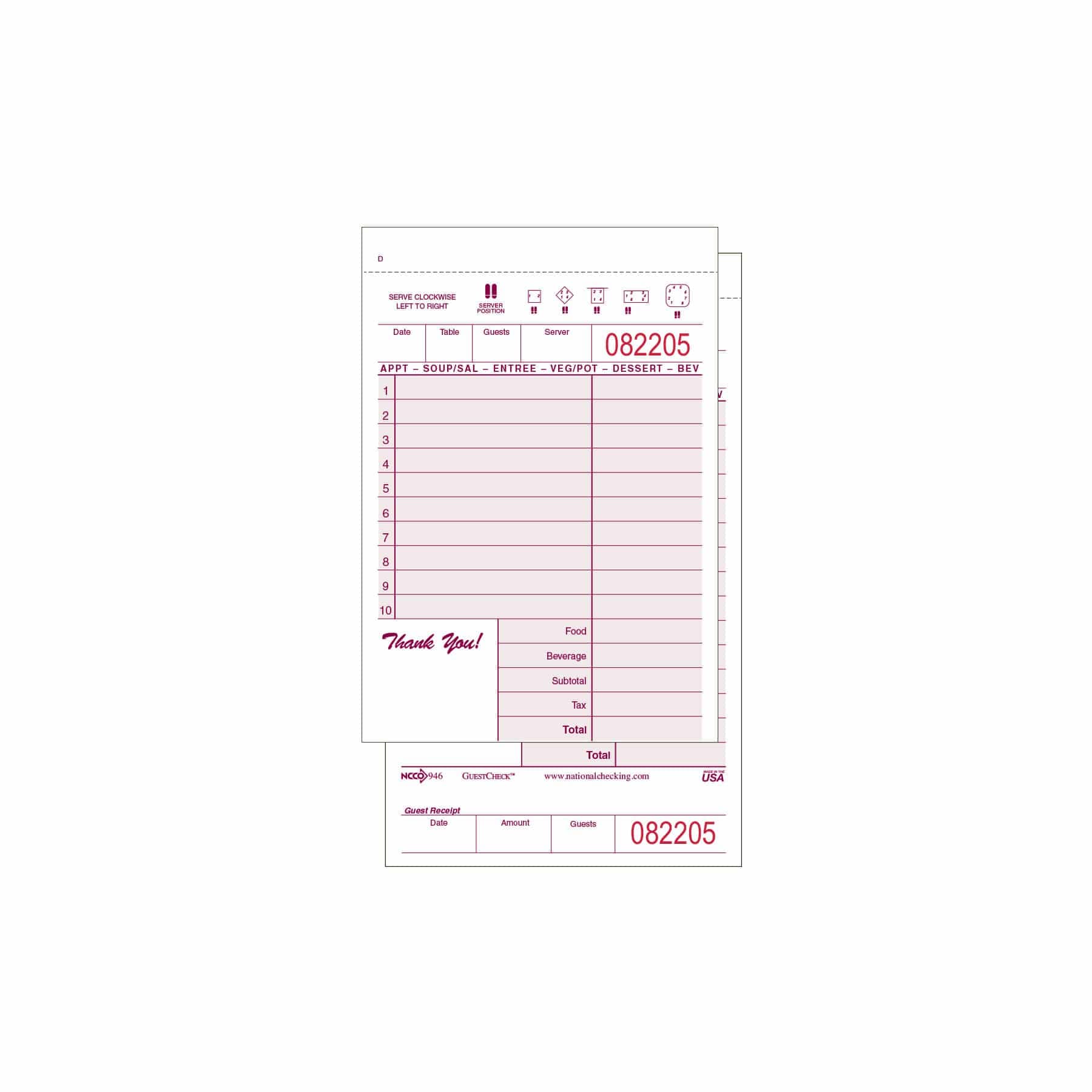 Guest Check 4.25X7.25 IN Paper Maroon Medium-Wide 2-Part Carbonless Shrink Wrapped 2000/Case