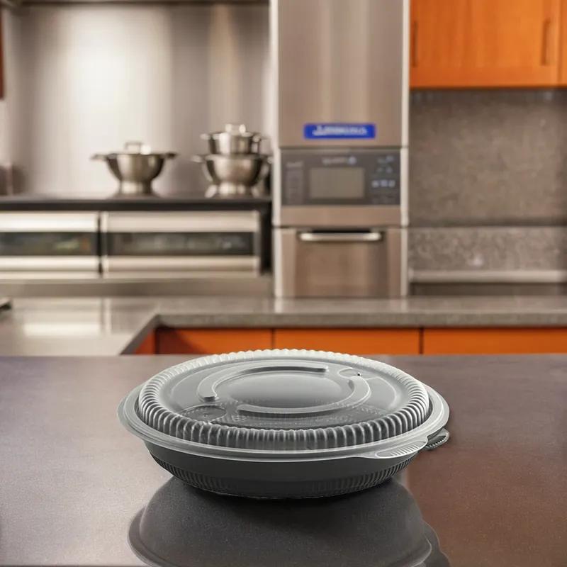 Bowl & Lid Combo With Flat Lid 32 OZ PP Black Clear Round Unhinged Anti-Fog 200/Case