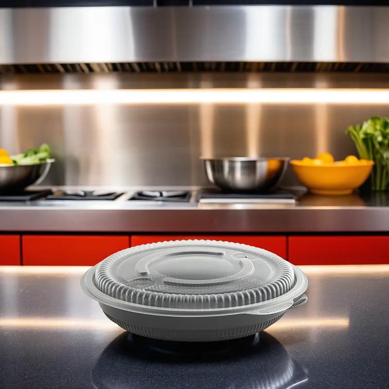 Bowl & Lid Combo With Flat Lid 32 OZ PP Black Clear Round Unhinged Anti-Fog 200/Case