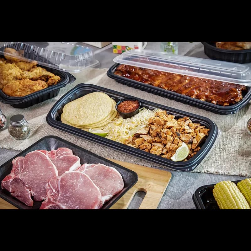 Full Slab Rib Take-Out Container Base & Lid Combo With Polypropylene (PP) Lid 41.9 OZ MFPP PP Black Clear 80/Case