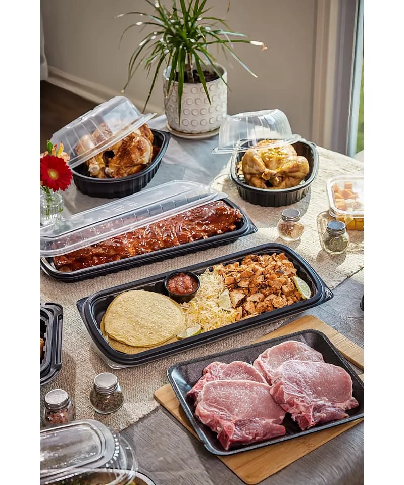 Full Slab Rib Take-Out Container Base & Lid Combo With Polypropylene (PP) Lid 41.9 OZ MFPP PP Black Clear 80/Case