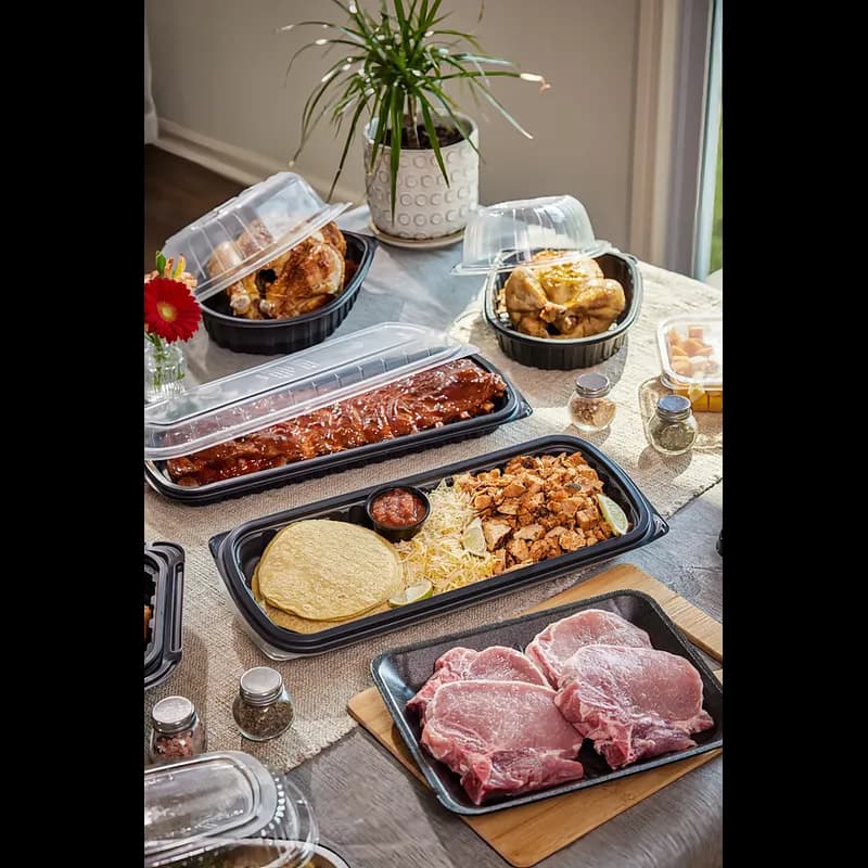 Full Slab Rib Take-Out Container Base & Lid Combo With Polypropylene (PP) Lid 41.9 OZ MFPP PP Black Clear 80/Case
