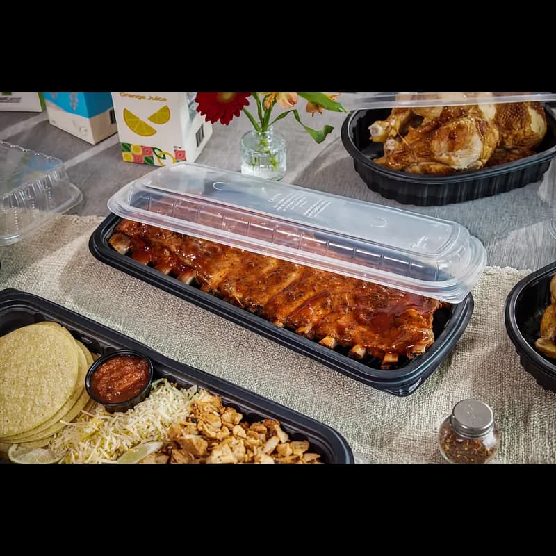 Full Slab Rib Take-Out Container Base & Lid Combo With Polypropylene (PP) Lid 41.9 OZ MFPP PP Black Clear 80/Case