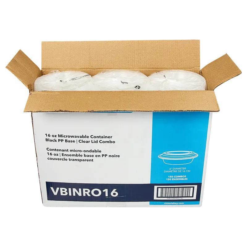 Victoria Bay Take-Out Container Base & Lid Combo 16 OZ Plastic Black Clear Round Microwave Safe 150/Case