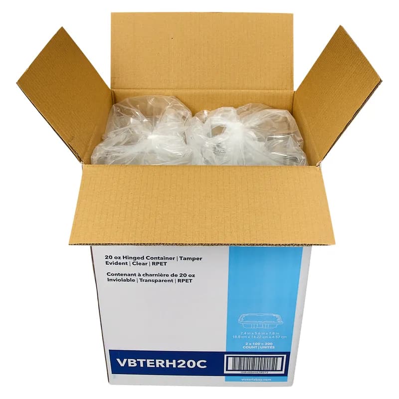 Victoria Bay Deli Container Hinged 20 OZ RPET Clear Tamper-Evident 100 Count/Pack 2 Packs/Case 200 Count/Case