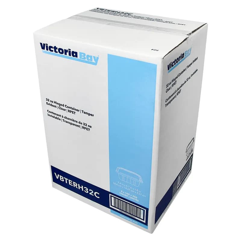 Victoria Bay Deli Container Hinged 32 OZ RPET Clear Tamper-Evident 100 Count/Pack 2 Packs/Case 200 Count/Case