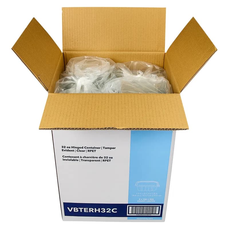 Victoria Bay Deli Container Hinged 32 OZ RPET Clear Tamper-Evident 100 Count/Pack 2 Packs/Case 200 Count/Case