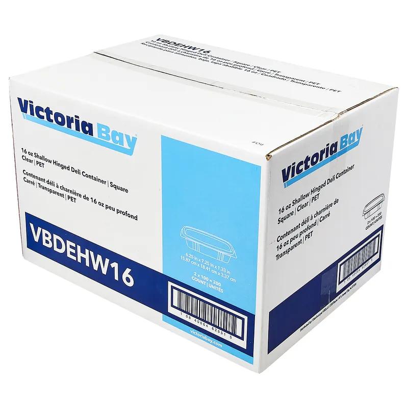 Victoria Bay Deli Container Hinged 16 OZ PET Clear Square Shallow 200/Case