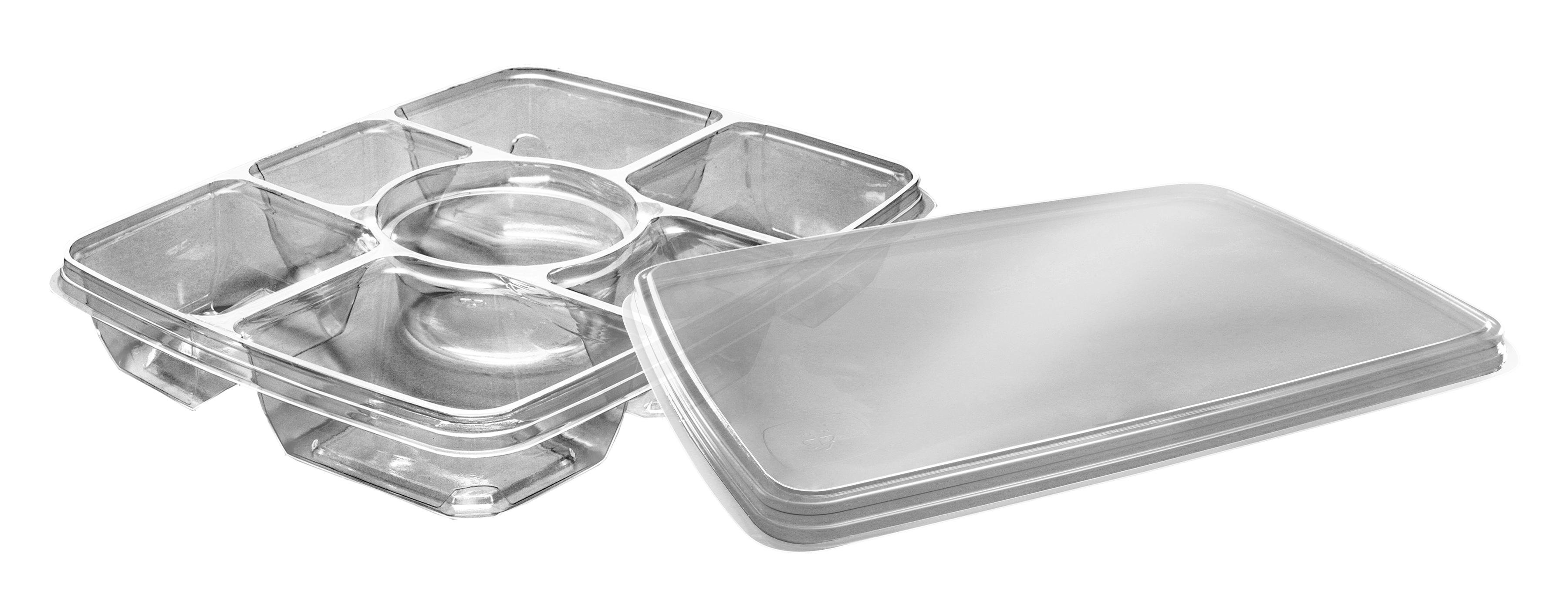 Deli Container Base & Lid Combo With Flat Lid 6 Compartment PET Clear Rectangle With Sauce Compartment 60/Case