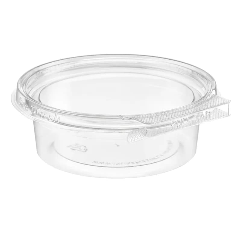 Safe-T-Fresh® Deli Container Hinged With Flat Lid 8 OZ RPET Clear Round 340/Case