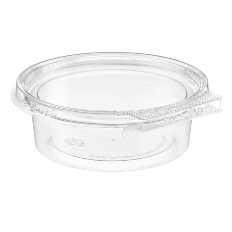 Safe-T-Fresh® Deli Container Hinged With Flat Lid 8 OZ RPET Clear Round 340/Case