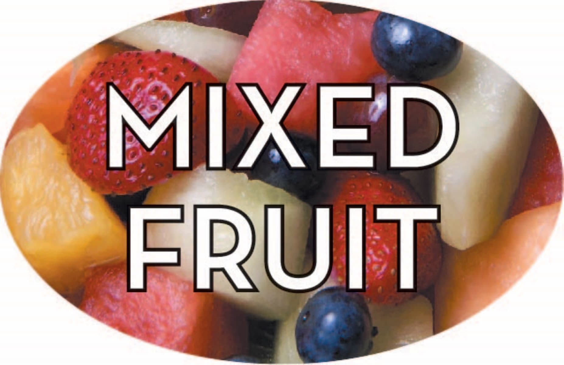 Mixed Fruit Bakery Flavor Label 1.25X2 IN Oval 4 Color Process 500 Count/Roll 20 Rolls/Case 10000 Count/Case