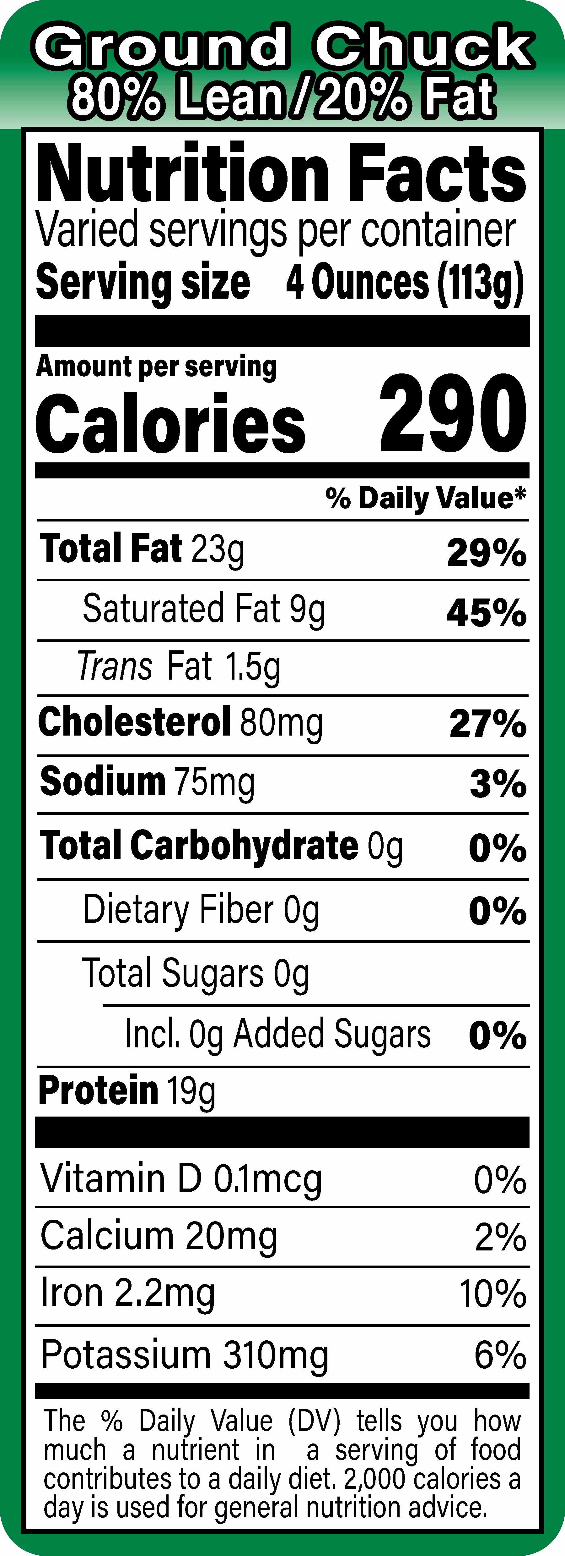 Ground Chuck 80% Lean/20% Fat Nutritional Label 1.5X4.125 IN Green Black UV Full Border 1000 Count/Roll 12 Rolls/Case