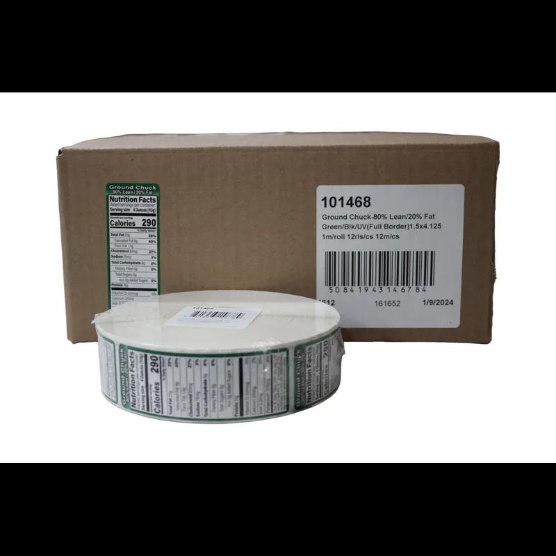Ground Chuck 80% Lean/20% Fat Nutritional Label 1.5X4.125 IN Green Black UV Full Border 1000 Count/Roll 12 Rolls/Case