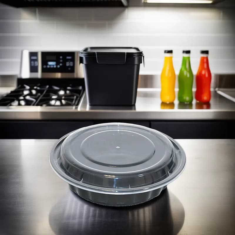 Take-Out Container Base & Lid Combo Medium (MED) 24 OZ Plastic Black Round 150/Case