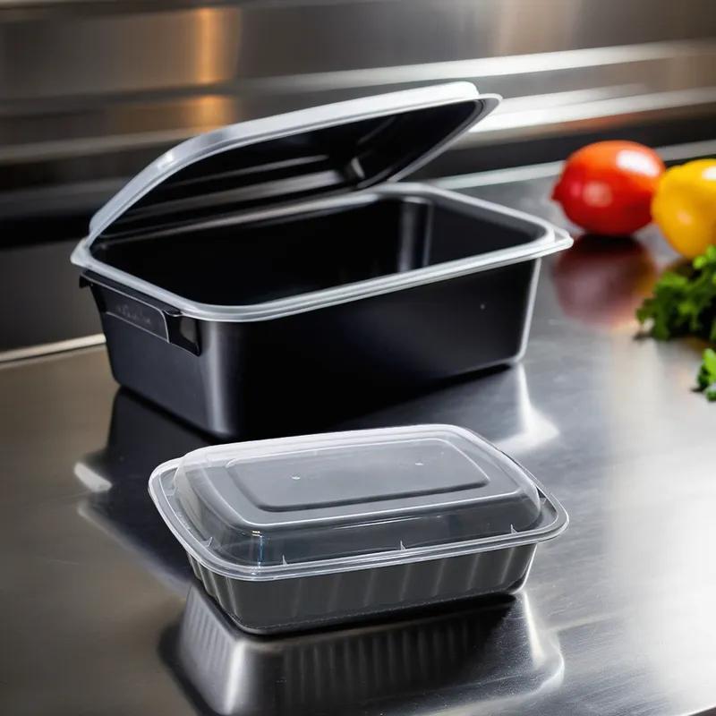 Take-Out Container Base & Lid Combo 24 OZ Plastic Black Rectangle Deep 150/Case