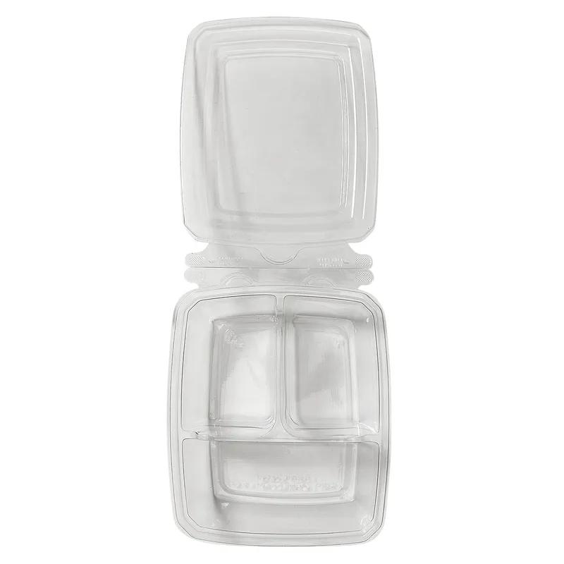 Fresh N' Sealed® Deli Container Hinged With Flat Lid 11 OZ 3 Compartment PET Clear Rectangle 260/Case