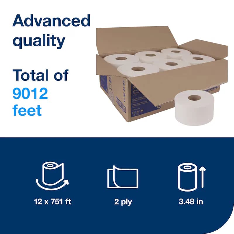 Tork Toilet Paper & Tissue Roll T2 3.48IN X751FT 2PLY White Mini Jumbo Roll Tissue (JRT) Advanced 12/Case