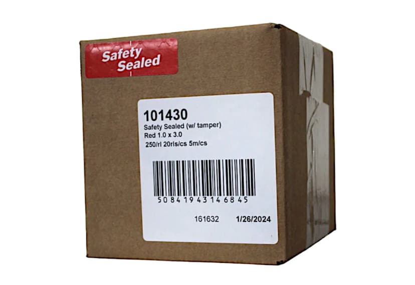 Safety Sealed Promo Label 1X3 IN Red Tamper Evident 250 Count/Roll 20 Rolls/Case 5000 Count/Case
