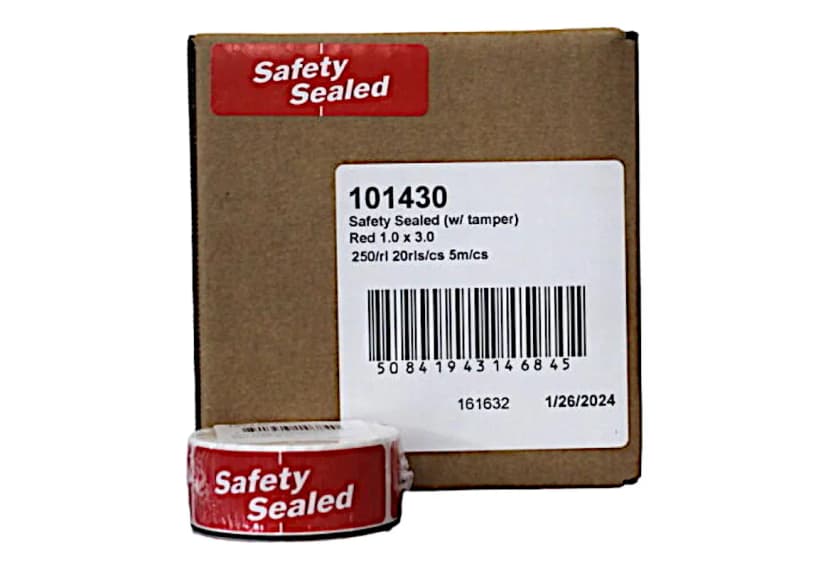 Safety Sealed Promo Label 1X3 IN Red Tamper Evident 250 Count/Roll 20 Rolls/Case 5000 Count/Case