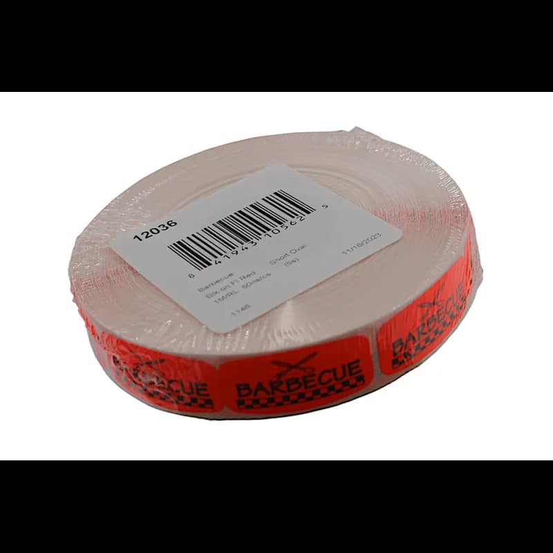 Barbeque Label Black Fluorescent Red Short Oval 1000 Count/Roll 50 Rolls/Case 50000 Count/Case