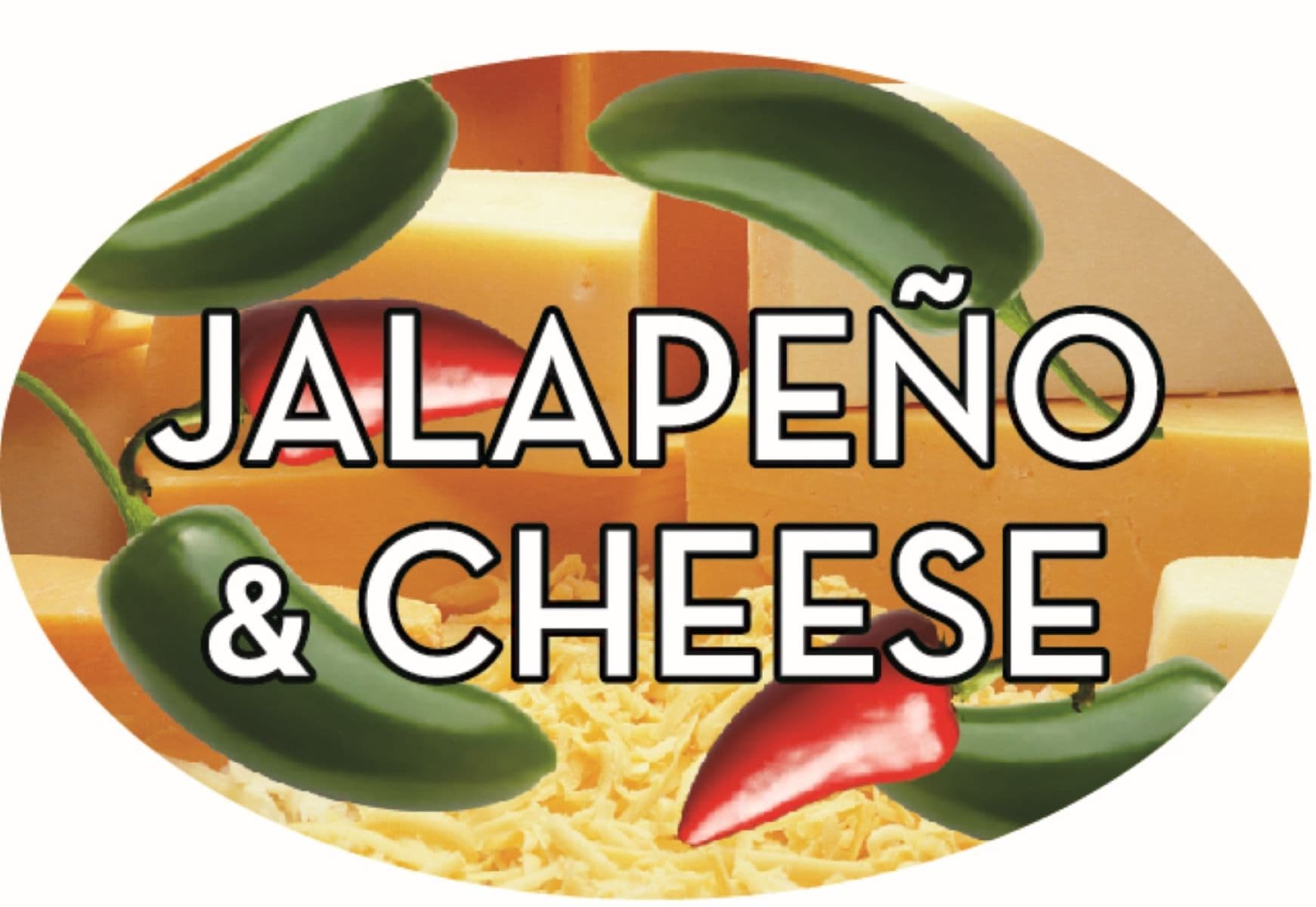 Jalapeno & Cheese Bakery Flavor Label 1.25X2 IN Oval 4 Color Process 500 Count/Roll 5 Rolls/Sleeve
