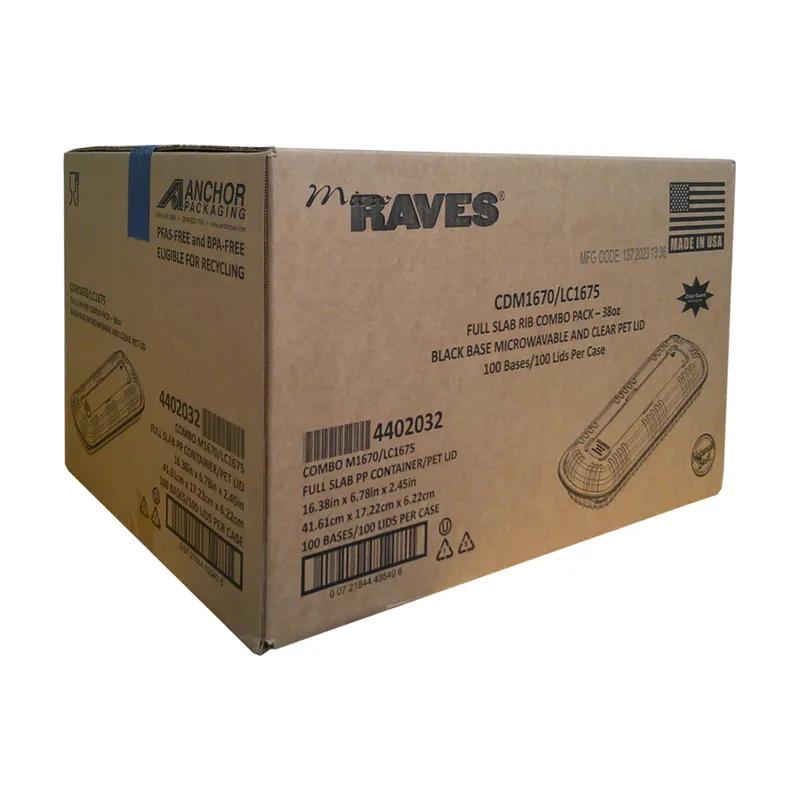 Full Slab Rib Take-Out Container Base & Lid Combo With RPET Lid 48 OZ PP Black Clear 100/Case