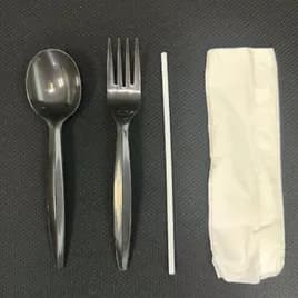 Victoria Bay 4PC Cutlery Kit PP Black Heavy With Napkin,Fork,Teaspoon,Straw 1000/Case