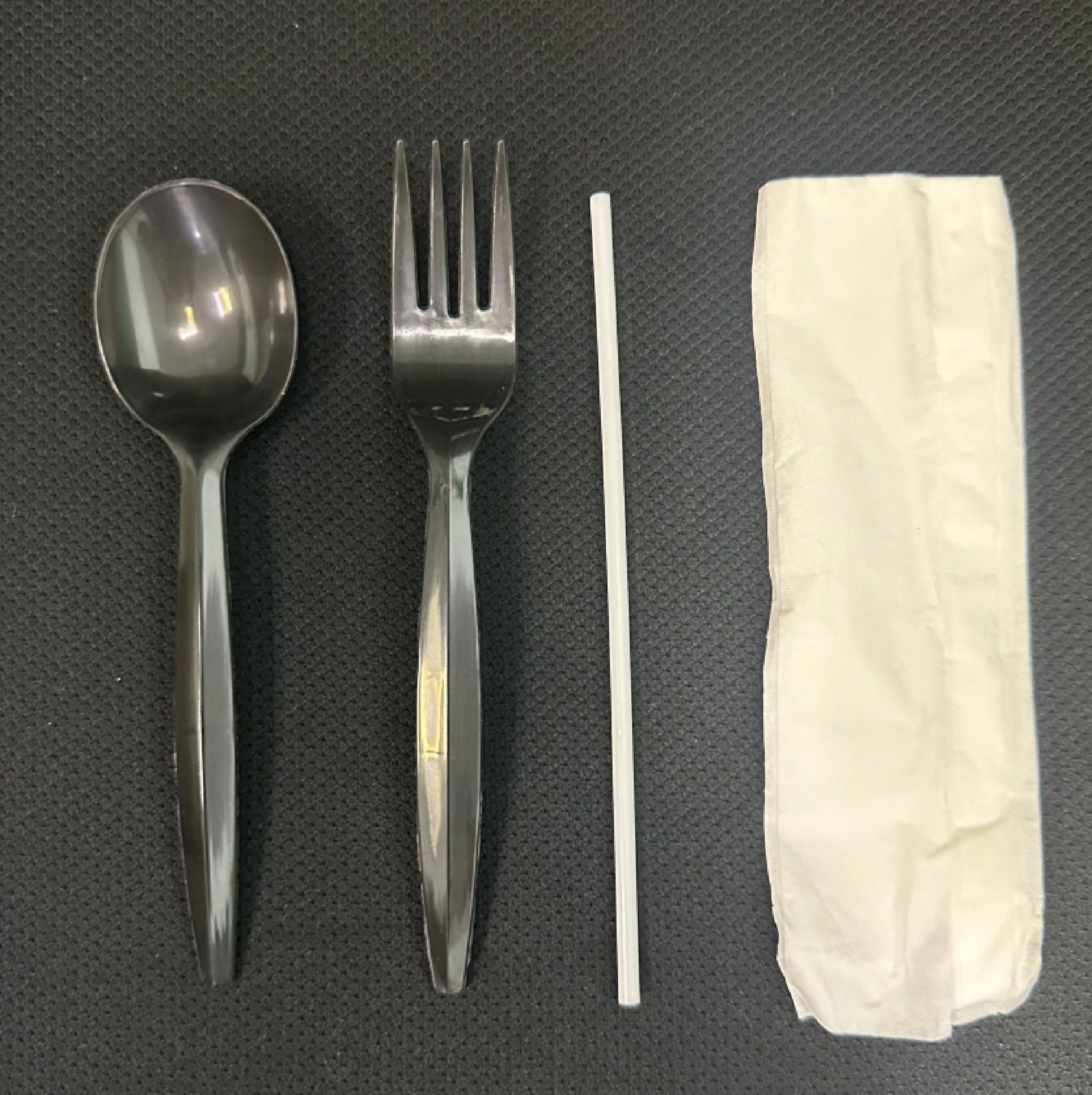 Victoria Bay 4PC Cutlery Kit PP Black Heavy With Napkin,Fork,Soup Spoon,Straw 000/Case