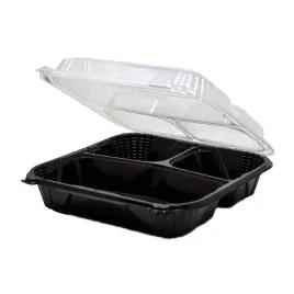 Take-Out Container Hinged 9.5X9.13X2.78 IN 3 Compartment PP Black Clear Square Close-Off 150/Case