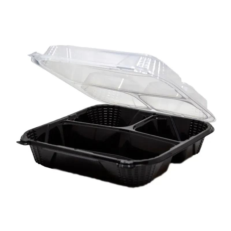 Take-Out Container Hinged 9.5X9.13X2.78 IN 3 Compartment PP Black Clear Square Close-Off 150/Case