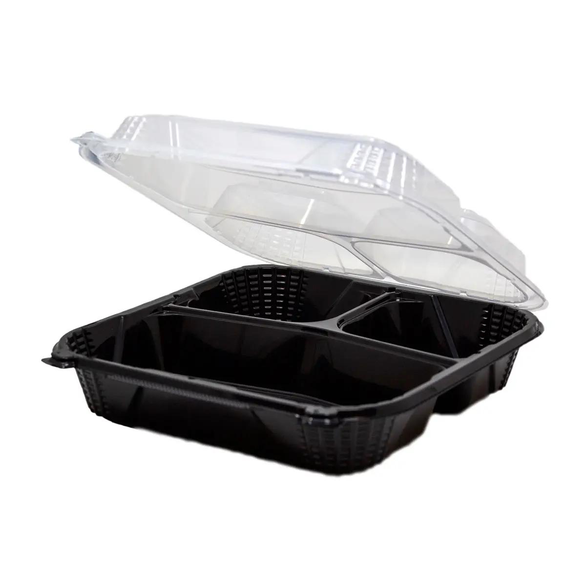 Take-Out Container Hinged 9.5X9.13X2.78 IN 3 Compartment PP Black Clear Square Close-Off 150/Case