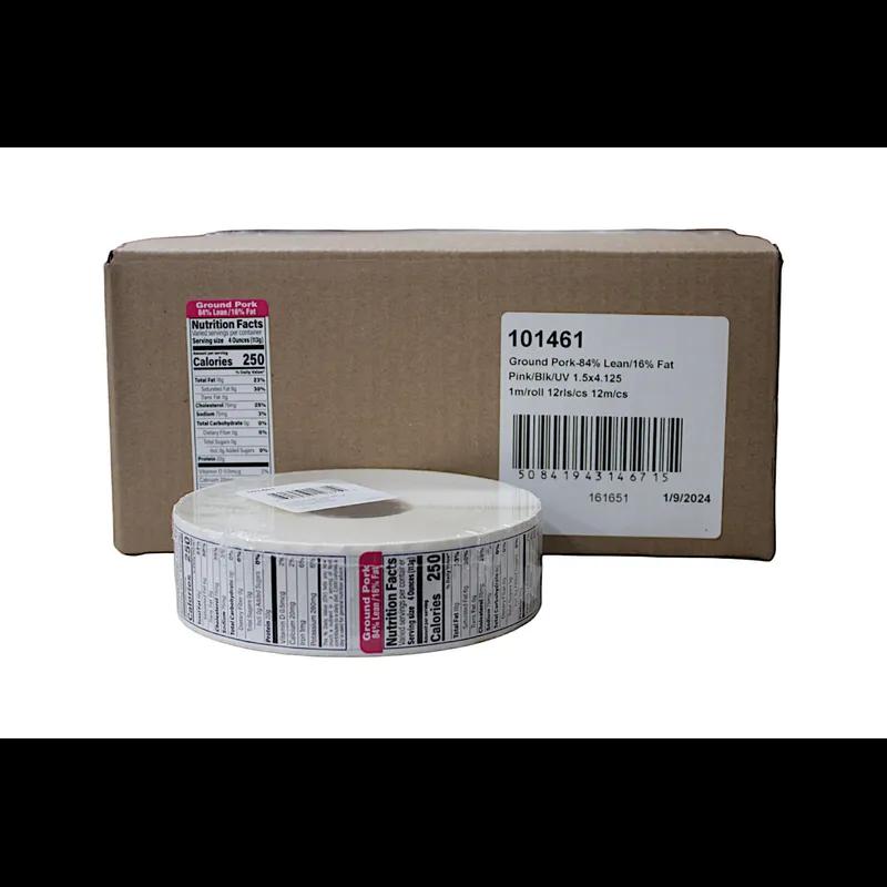 Ground Pork 84% Lean/16% Fat Meat Nutritional Label 1.5X4.125 IN Pink Black UV 1000 Count/Roll 12 Rolls/Case