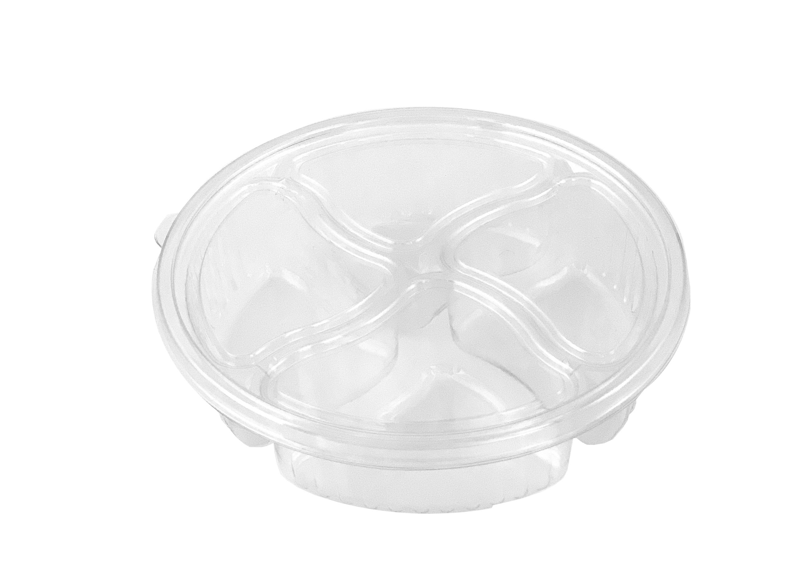 Olive Serving Tray With Flat Lid 10 IN 4 Compartment Clear Round 50/Case