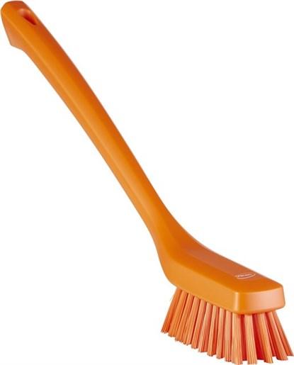Vikan® Narrow Cleaning Brush 16.5X1.8X4.3 IN PP Polyester Stainless Steel Orange Stiff Bristles Long Handle 1/Each