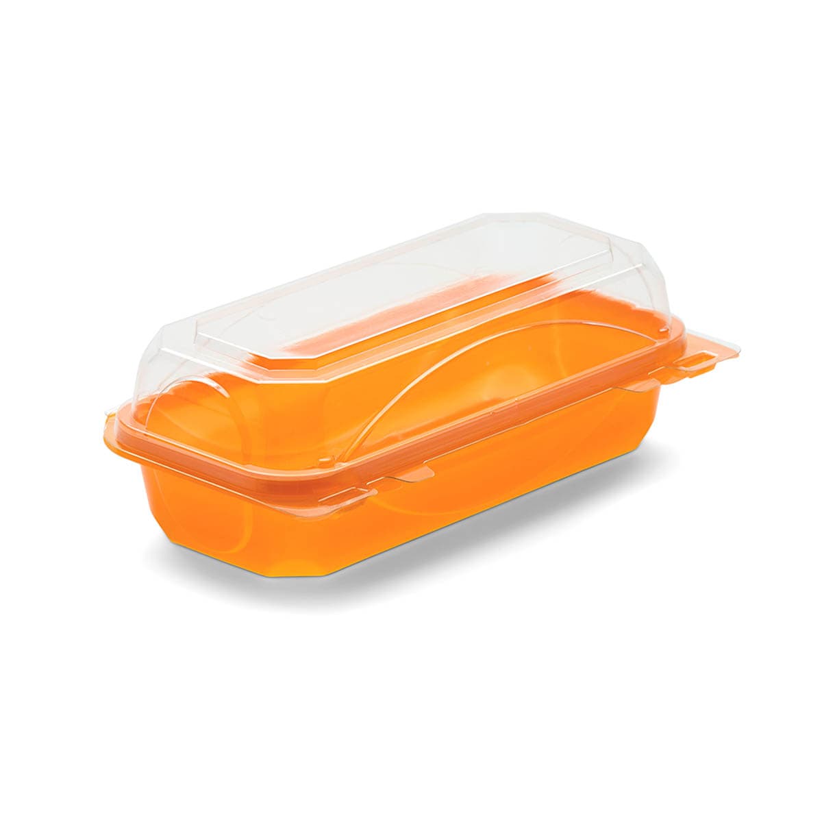 The BOTTLEBOX ® Take-Out Container Hinged 8.75X4.75X2.97 IN RPET Tangerine Clear Rectangle 2500/Case