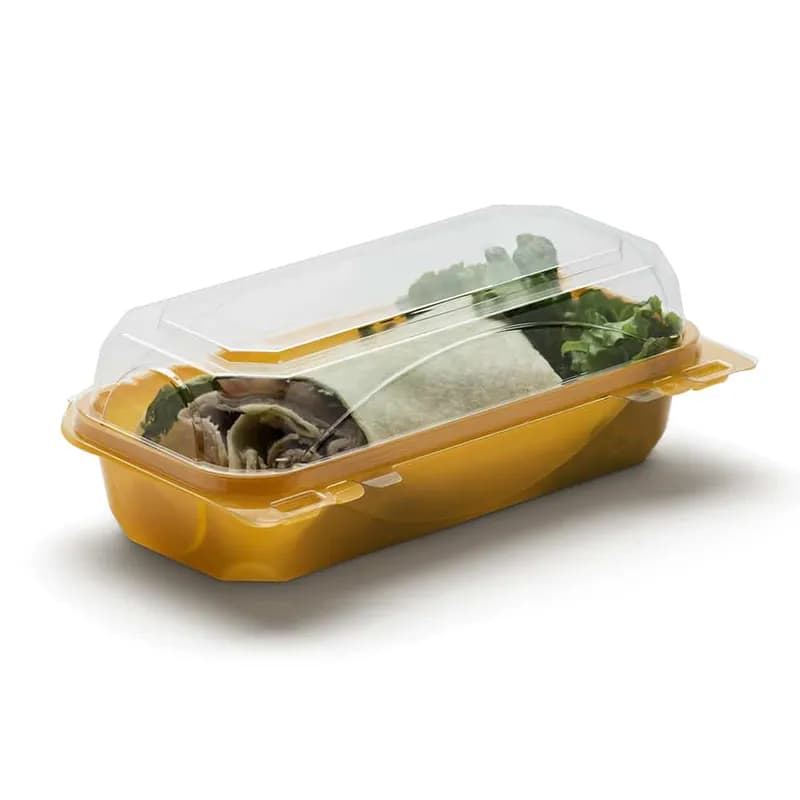 The BOTTLEBOX ® Take-Out Container Hinged 8.75X4.75X2.97 IN RPET Tangerine Clear Rectangle 2500/Case