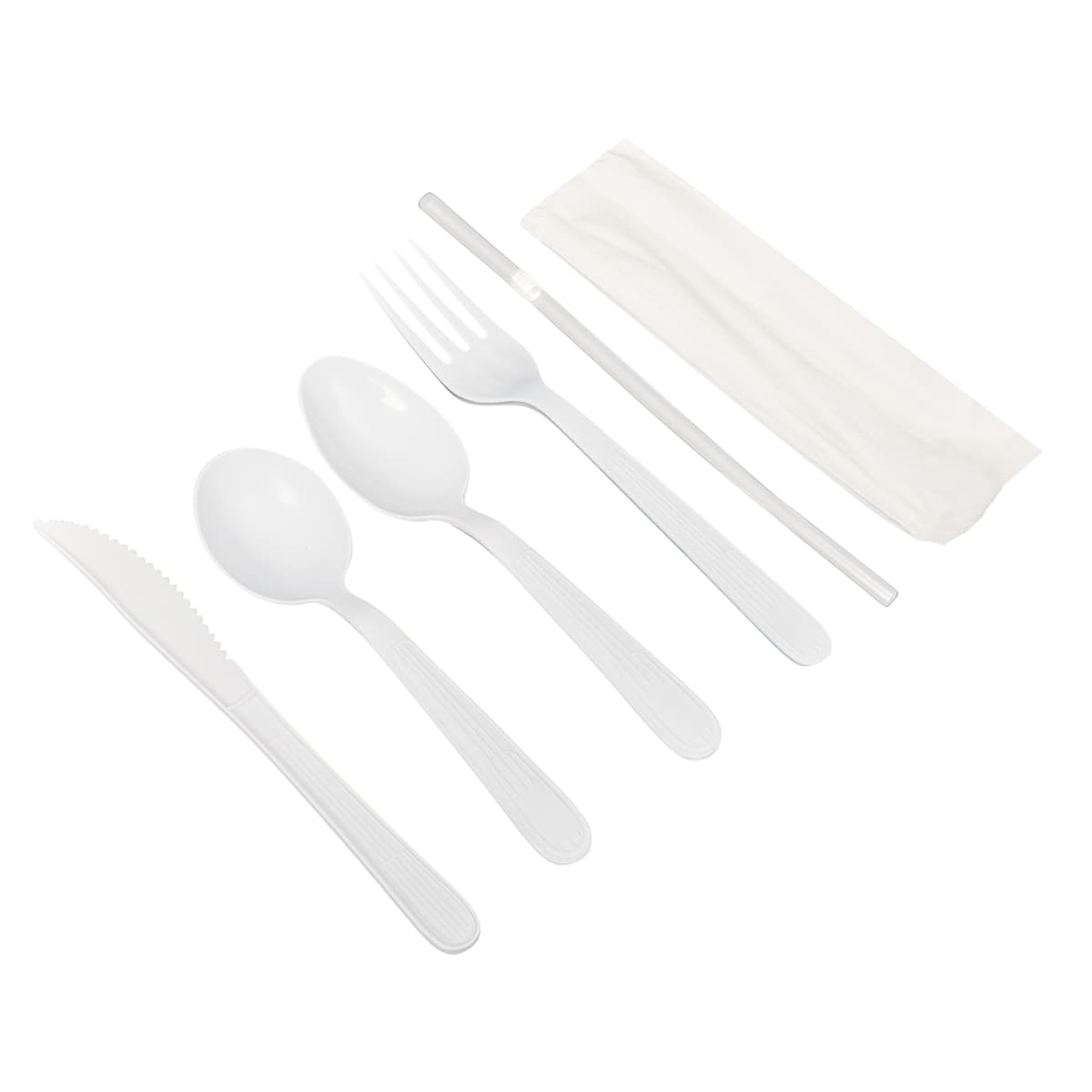 Victoria Bay 6PC Cutlery Kit PP White Heavyweight With Napkin,Fork,Knife,Teaspoon,Soup Spoon,Flex Straw 250/Case