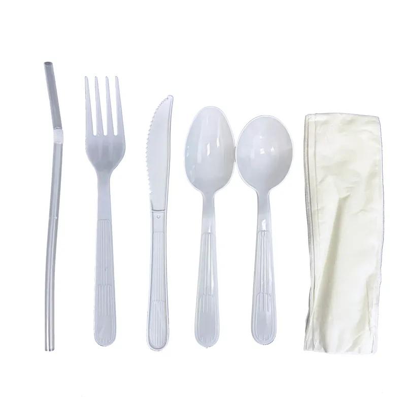 Victoria Bay 6PC Cutlery Kit PP White Heavyweight With Napkin,Fork,Knife,Teaspoon,Soup Spoon,Flex Straw 250/Case