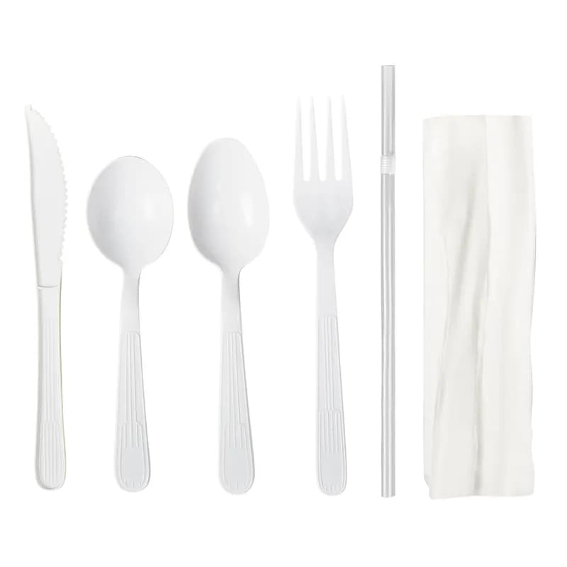 Victoria Bay 6PC Cutlery Kit PP White Heavyweight With Napkin,Fork,Knife,Teaspoon,Soup Spoon,Flex Straw 250/Case
