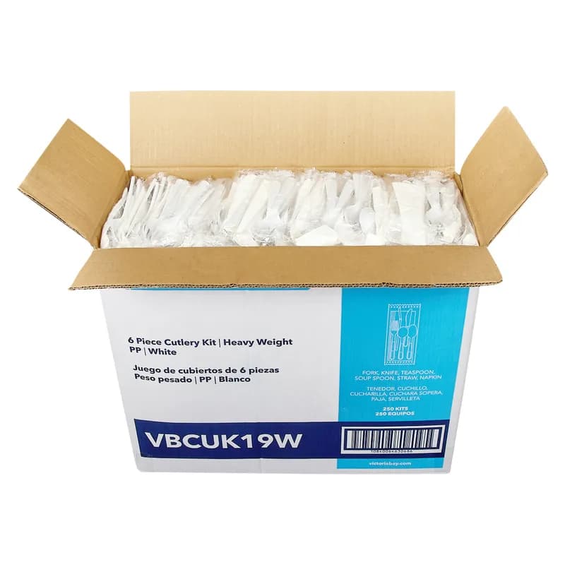Victoria Bay 6PC Cutlery Kit PP White Heavyweight With Napkin,Fork,Knife,Teaspoon,Soup Spoon,Flex Straw 250/Case